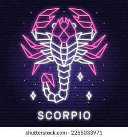 Zodiac astrology horoscope neon sign scorpio linear design. Vector illustration. Elegant line art neon symbol or icon of scorpio esoteric zodiacal horoscope templates promotion for logo or poster