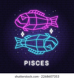 Zodiac astrology horoscope neon sign pisces linear design. Vector illustration. Elegant line art symbol or icon of pisces esoteric zodiacal horoscope templates promotion for logo or poster isolated.