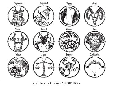 zodiac Astrology horoscope prophecy sign set design and typography with motif black  illustration doodle tattoo style vector with white background 