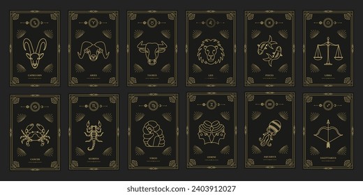 Zodiac astrology horoscope set. Celestial mystical zodiacal horoscope templates for logo, poster or card.