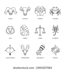 Zodiac astrology horoscope set. Celestial mystical zodiacal horoscope templates for logo, poster or card.