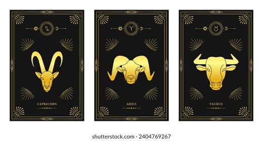 Zodiac astrology horoscope set. Celestial mystical zodiacal horoscope templates for logo, poster or card.