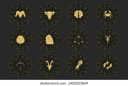Zodiac astrology horoscope set. Celestial mystical zodiacal horoscope templates for logo, poster or card.