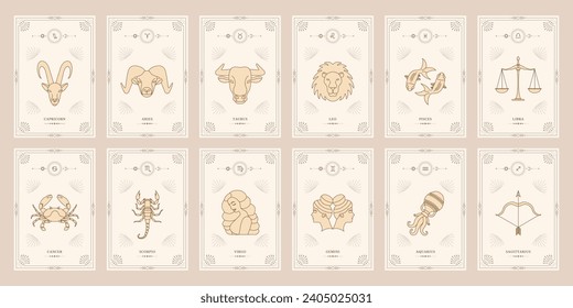 Zodiac astrology horoscope set. Celestial mystical zodiacal horoscope templates for logo, poster or card.