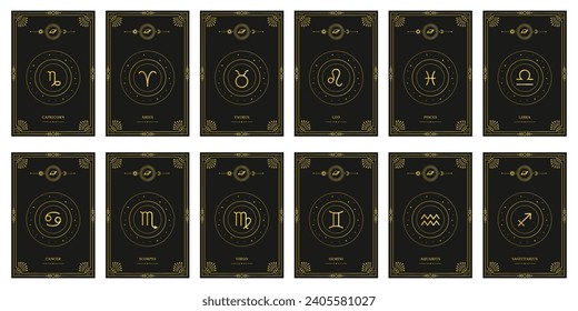 Zodiac astrology horoscope set. Celestial mystical zodiacal horoscope templates for logo, poster or card.