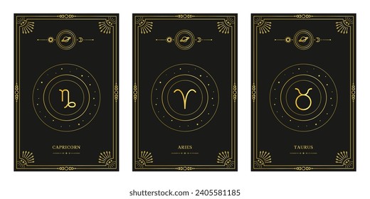 Zodiac astrology horoscope set. Celestial mystical zodiacal horoscope templates for logo, poster or card.