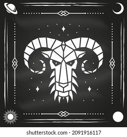 Zodiac astrology horoscope sign aries design. Vector illustration. Elegant modern symbol or icon of aries esoteric zodiacal horoscope templates for logo or poster on the chalkboard