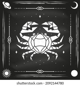 Zodiac astrology horoscope sign Cancer design. Vector illustration. Elegant modern art symbol or icon of Cancer esoteric zodiacal horoscope templates for logo or poster isolated on the chalkboard