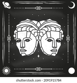 Zodiac astrology horoscope sign Gemini design. Vector illustration. Elegant modern art symbol or icon of Gemini esoteric zodiacal horoscope templates for logo or poster on the chalkboard.