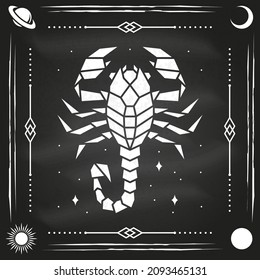 Zodiac astrology horoscope sign scorpio design. Vector illustration. Elegant modern symbol or icon of scorpio esoteric zodiacal horoscope templates for logo or poster isolated on the chalkboard.