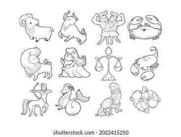 Zodiac astrology horoscope sign set illustration doodle ink drawing character cute kawaii cartoon vector  with white background