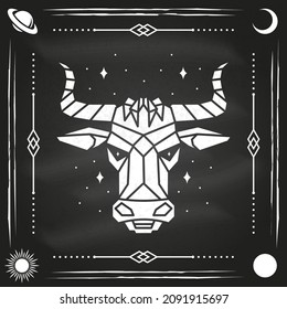Zodiac astrology horoscope sign taurus design. Vector illustration. Elegant modern art symbol or icon of taurus esoteric zodiacal horoscope templates for logo or poster on the chalkboard.