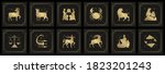 Zodiac astrology horoscope signs linocut silhouettes design vector illustrations set. Elegant symbols and icons of esoteric zodiacal horoscope templates for logo or poster isolated on black background