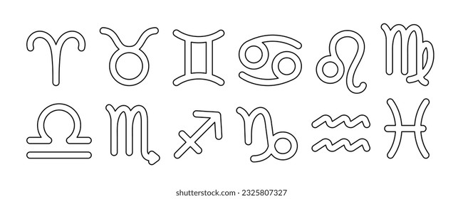 Zodiac astrology horoscope signs outline design set. Elegant line art symbols and icons of esoteric templates for logo or poster isolated on white background