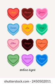 Zodiac astrology signs heart shaped cakes. Vector flat illustration on isolated background