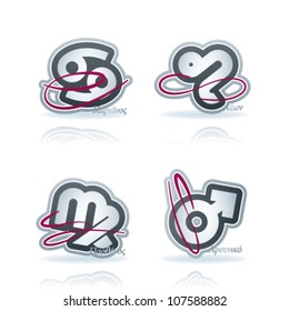 Zodiac and astrology signs, from left to right, top to bottom:   Cancer, Leo, Virgo, Male.
