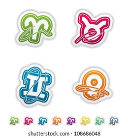 Zodiac and astrology signs, from left to right, top to bottom:   Aries, Taurus, Gemini, Female.