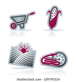 Zodiac and astrology signs, from left to right, top to bottom:   Wheelbarrow, Maize (Corn), Cultivation area, Garden hose.