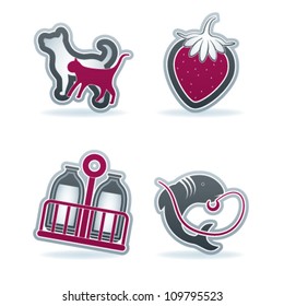 Zodiac and astrology signs, from left to right, top to bottom:   Dog and Cat, Strawberry, Milk Fish.