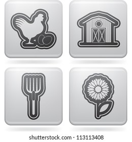 Zodiac and astrology signs, from left to right, top to bottom:   Hen, Barn, Pitchfork, Sunflower.