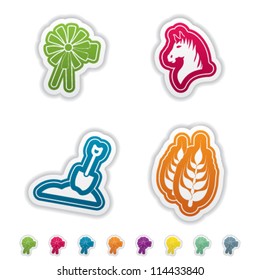 Zodiac and astrology signs, from left to right, top to bottom:  Wind turbine, Horse, Shovel, Cereal.