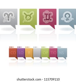 Zodiac and astrology signs, from left to right, top to bottom:  Aries, Taurus, Gemini, Female.
