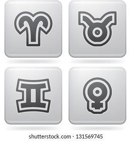 Zodiac and astrology signs, from left to right, top to bottom:   Aries, Taurus, Gemini, Female.