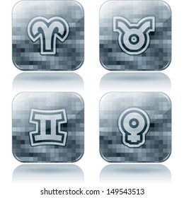 Zodiac and astrology signs, from left to right, top to bottom:  Aries, Taurus, Gemini, Female. 