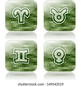 Zodiac and astrology signs, from left to right, top to bottom:  Aries, Taurus, Gemini, Female. 