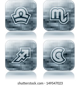 Zodiac and astrology signs, from left to right, top to bottom:  Libra, Scorpio, Sagittarius, Sun.