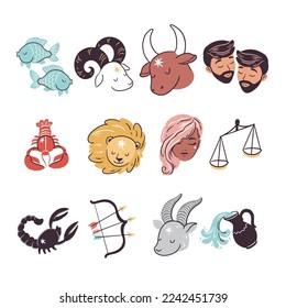 Zodiac astrology signs, a set hand drawn of vector illustration of horoscope symbols