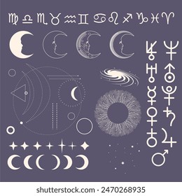 Zodiac and astrology symbol set. Planet and horoscope sign collection. Fortune telling concept