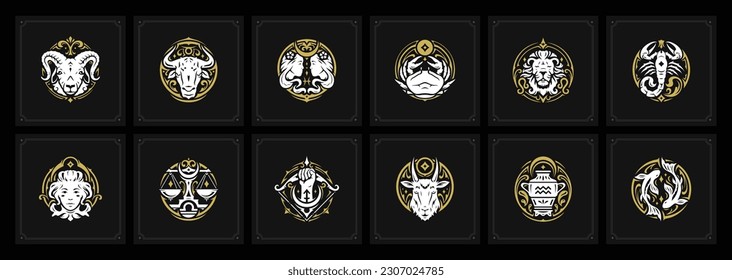 Zodiac astrology symbols curved antique ornament element vintage card on black background set vector illustration. Horoscope astrological signs celestial fortune lunar calendar future prediction