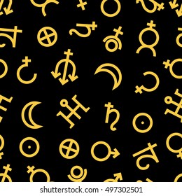 Zodiac and astrology symbols of the planets. Seamless pattern, endless background. Vector backdrop