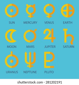 Zodiac and astrology symbols of sun, moon and Solar System planets with captions on bright blue background