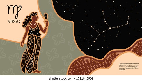 Zodiac background. Constellation Virgo. Horizontal banner. Antique style. Horoscope, astrology.