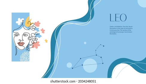 Zodiac Background. Leo Constellation. The Element Of Fire. Horizontal Banner. One Line. Minimalistic Graphics. Continuous Line.