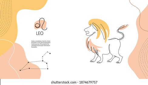 Zodiac Background. Leo Constellation. Fire Element. Horizontal Banner. One Line Minimalistic Graphics. Continuous Line.