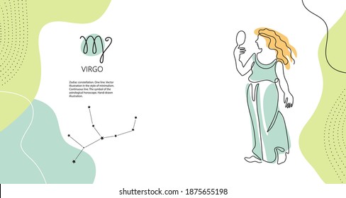 Zodiac Background. Virgo Constellation. Earth Element.. Horizontal Banner. One Line. Minimalistic Graphics. Continuous Line.