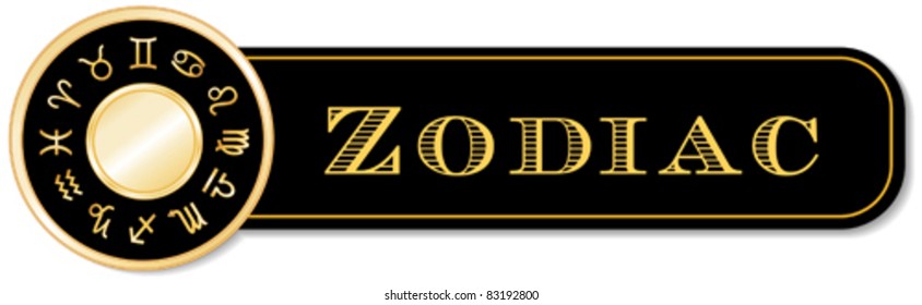 Zodiac Banner. Twelve astrology symbols in a golden circle, black background: Aquarius, Aries, Cancer, Capricorn, Gemini, Leo, Libra, Pisces, Sagittarius, Scorpio, Taurus, Virgo. EPS8 compatible.