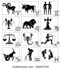 Zodiac - black silhouettes. Signs of the Zodiac in the form of vector silhouettes. All twelve zodiac signs.