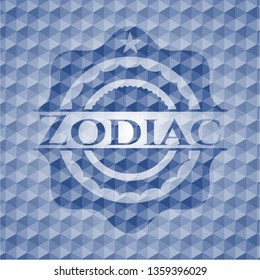 Zodiac blue emblem with geometric pattern background.