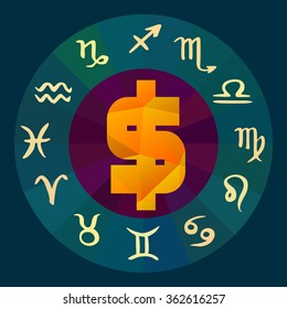 Zodiac Business Horoscope. Astrology of Commerce Horoscope wheel with european zodiac signs and symbols in trendy polygonal style. Annual Commercial Forecast