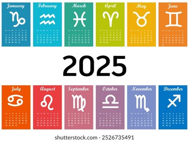 Zodiac calendar 2025. Calendar 2025 on white background. Colorful calendar 2025 year. Simple vector template