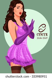 Zodiac: Cancer astrological sign.  Illustration with portrait of a pin up girl. 