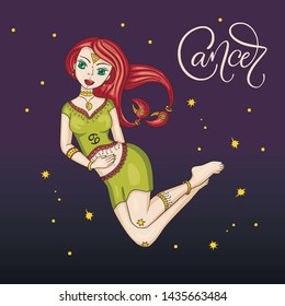 Zodiac Cancer Beautiful Girl Vector Sign. Cartoon horoscope astrology illustration with constellations. Horoscope drawing.