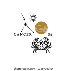 Zodiac Cancer boho magical vintage distressed art symbol or label. Vector illustration