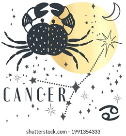 Zodiac cancer boho magical vintage distressed art symbol or label. Horoscope sign line art silhouette design vector illustration. Creative decorative elegant astrology zodiac emblem template for logo