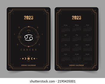 Zodiac cancer calendar 2023. Pocket size. Front and back sides. Week starts on sunday. Astrological vector template ready to print. Vertical layout in English with horoscope sign.