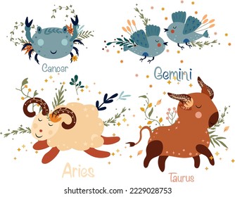 Zodiac Cancer, Gemini, Aries, taurus with leaves, colorful flowers and stars around. Astrological zodiac Signs perfect for posters, logo, cards. Vector illustration.